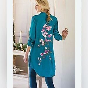 Soft Surroundings Satin Embroidered Button Up Womens Small Colorful Veneto Tunic